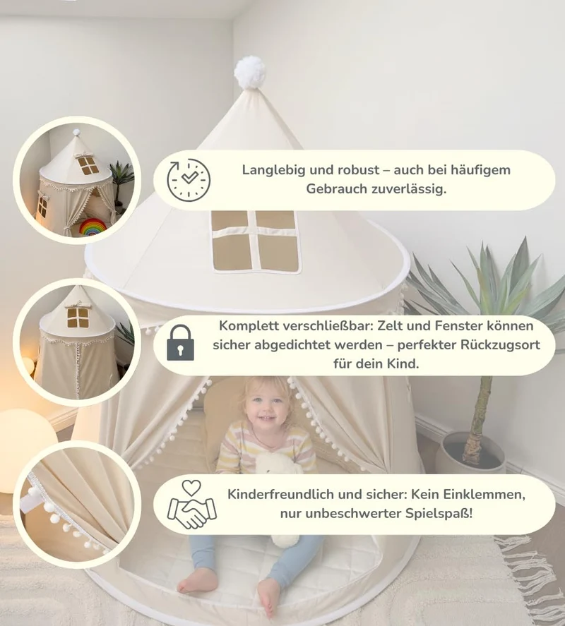 ALRITHO Spielzelt Kinder aus Silky Cotton, Warmbeige, 110x110x130 cm