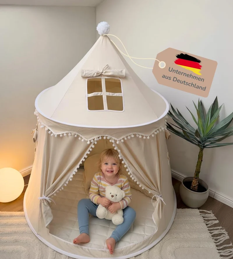 ALRITHO Spielzelt Kinder aus Silky Cotton, Warmbeige, 110x110x130 cm