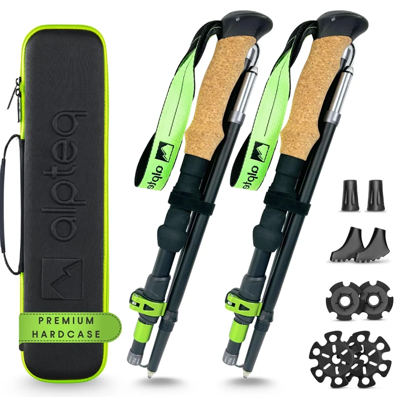 Alpteq Wanderstöcke faltbar aus Aluminium mit Korkgriff, Lime Green
