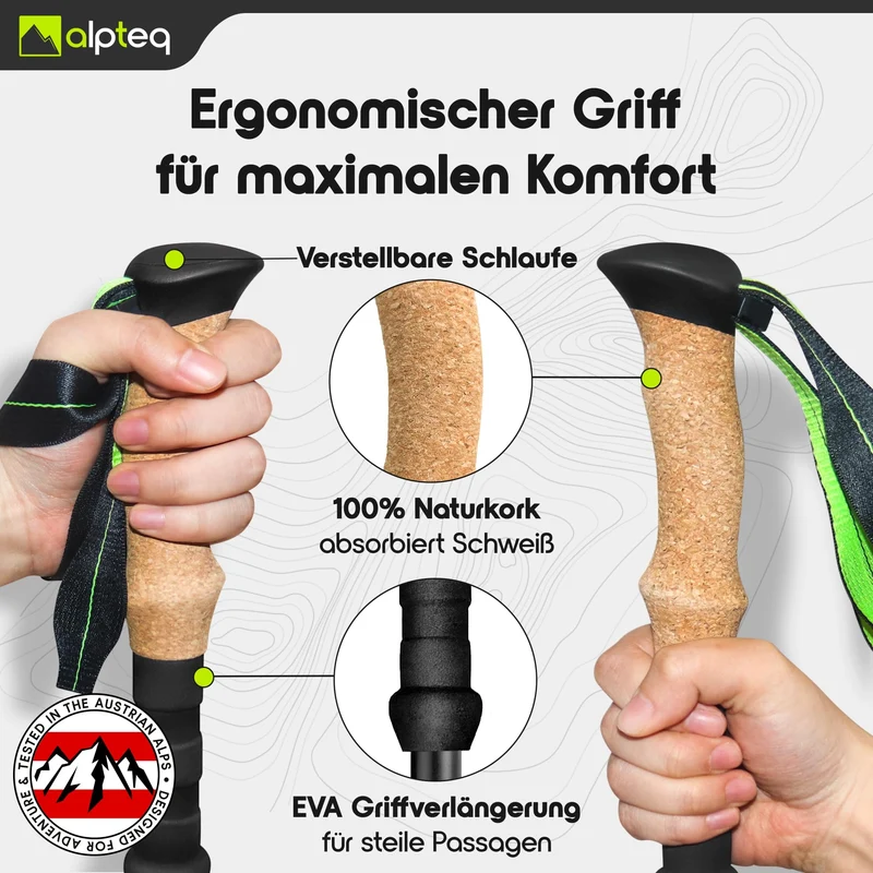 Alpteq Wanderstöcke faltbar aus Aluminium mit Korkgriff, Lime Green