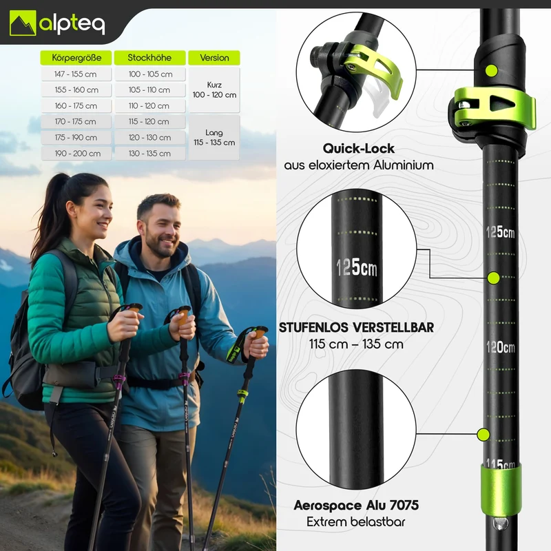 Alpteq Wanderstöcke faltbar aus Aluminium mit Korkgriff, Lime Green