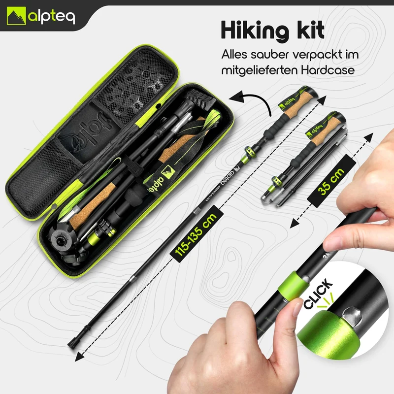 Alpteq Wanderstöcke faltbar aus Aluminium mit Korkgriff, Lime Green