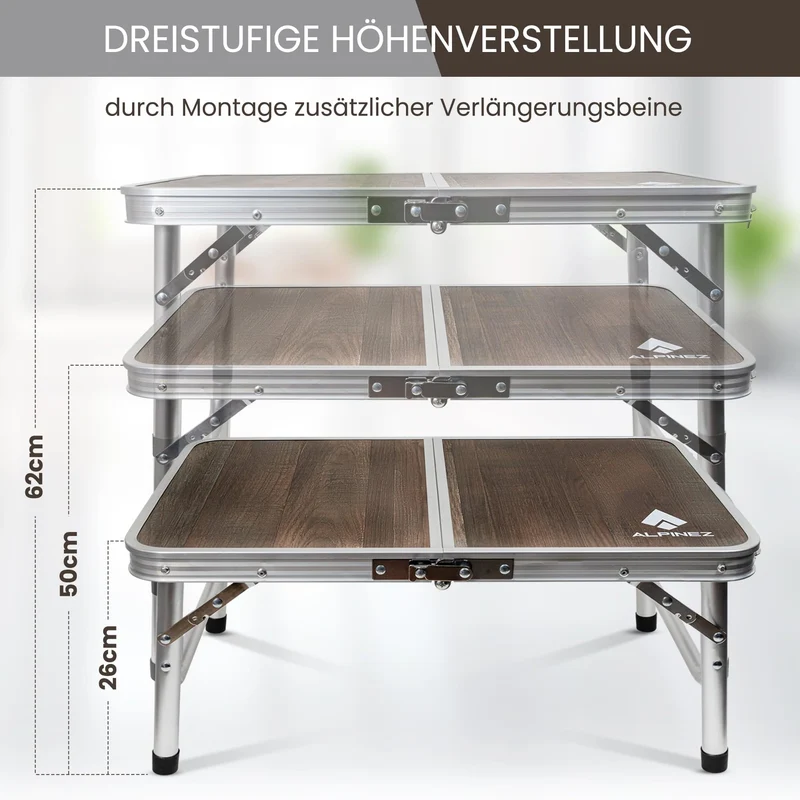 ALPINEZ Campingtisch klappbar, höhenverstellbar, 60 x 40 cm, Aluminium