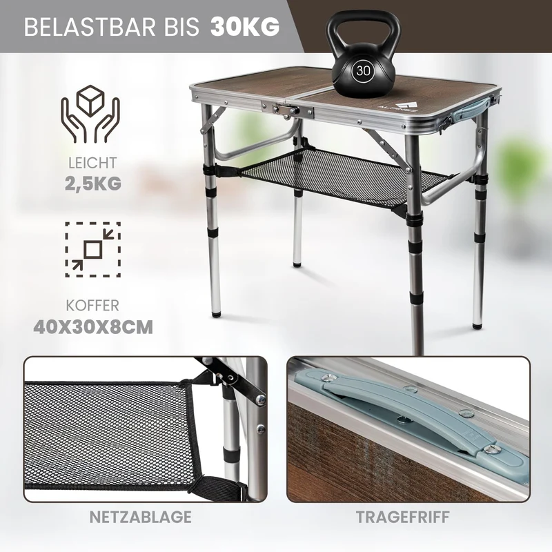 ALPINEZ Campingtisch klappbar, höhenverstellbar, 60 x 40 cm, Aluminium