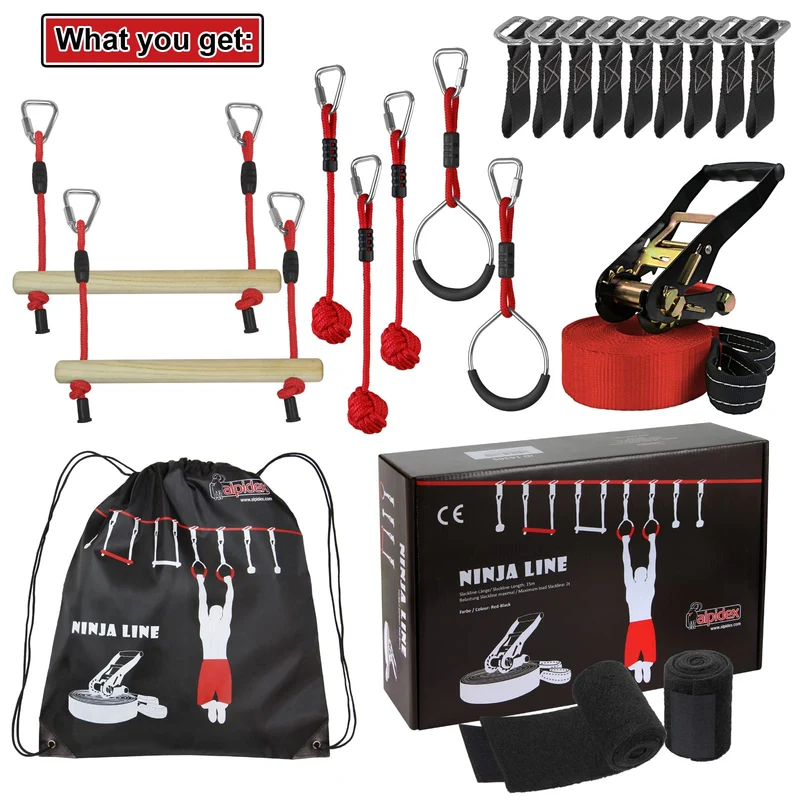 ALPIDEX Ninja Line Slackline Set 15 m mit Ringen und Seilknoten