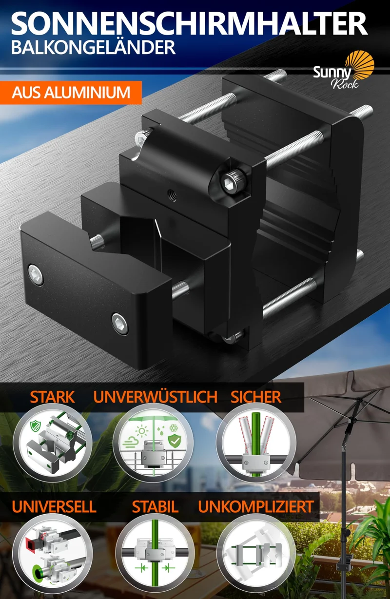 4smile SunnyRock Sonnenschirmhalter Balkongeländer Aluminium, Schwarz