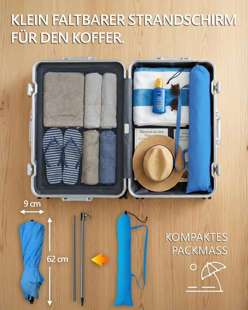 4smile Reise-Sonnenschirm Strand Ø 160 cm, blau, faltbar, UPF 50+