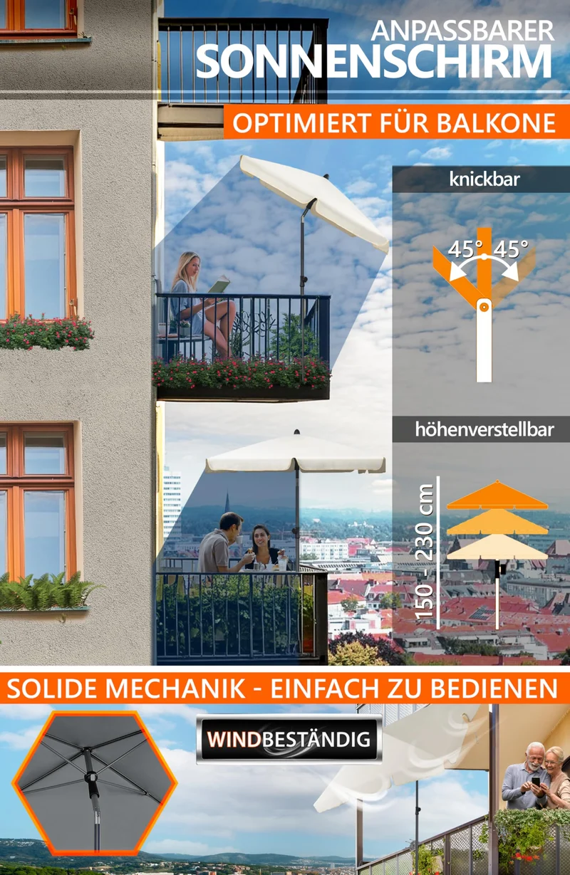 4smile SunnyShade Balkon-Sonnenschirm Set, rechteckig, Beige, UPF 50+