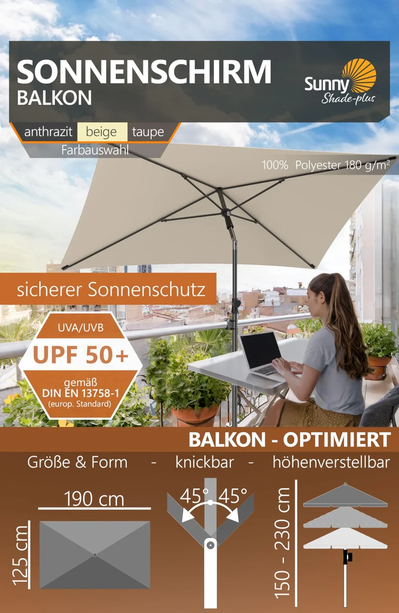4smile SunnyShade Plus Sonnenschirm Balkon Set, 200 x 125 cm, Beige