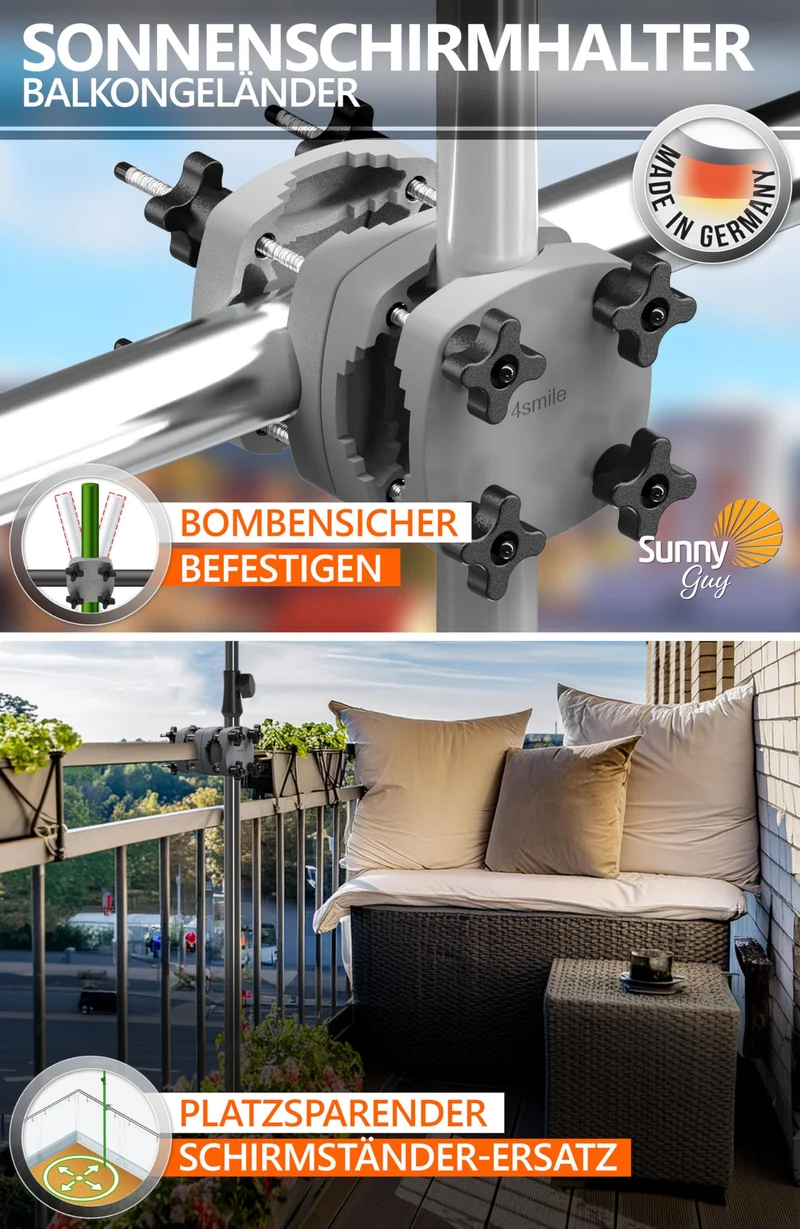 4smile SunnyShade Balkon-Sonnenschirm 3-in-1 Set Anthrazit UPF 50+