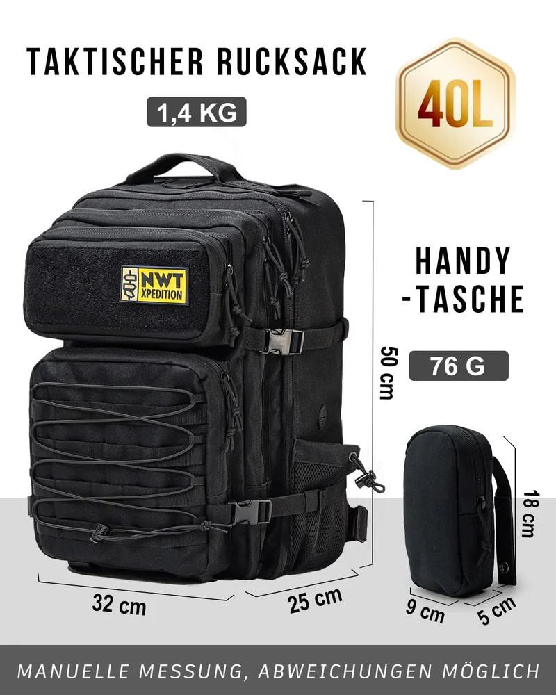 NWT XPEDITION Taktischer Rucksack 40 L mit Laptopfach, schwarz