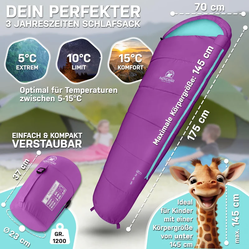 NORDBÄR Kinderschlafsack KSL120 – Mumienschlafsack bis 145 cm