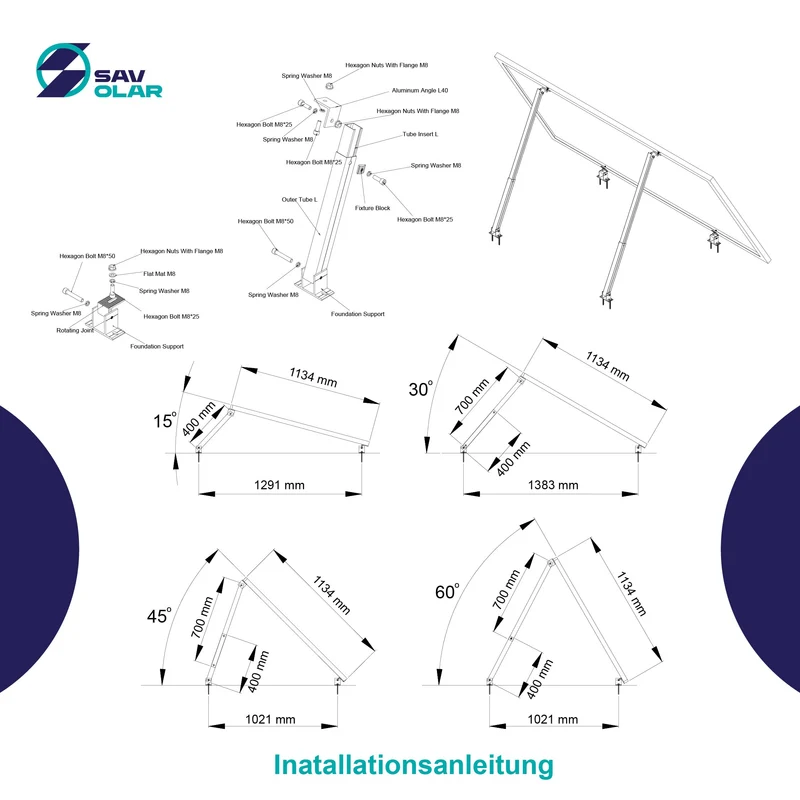 SAVOLAR Solarmodul-Halterung Balkonkraftwerk Flachdach, 2er-Set