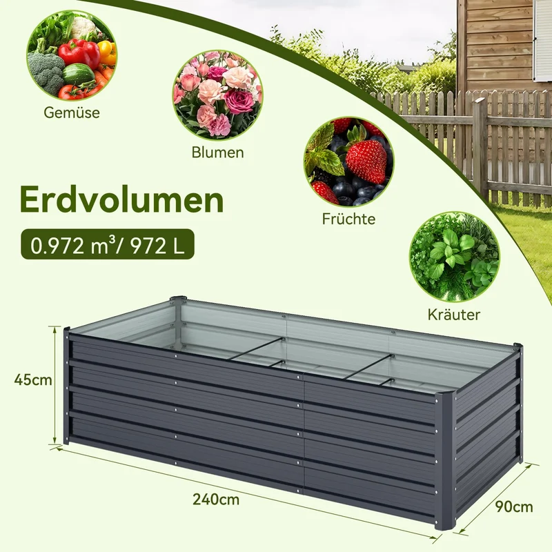 Ohuhu Hochbeet Metall Pflanzbeet 240x90x45 cm, Anthrazit