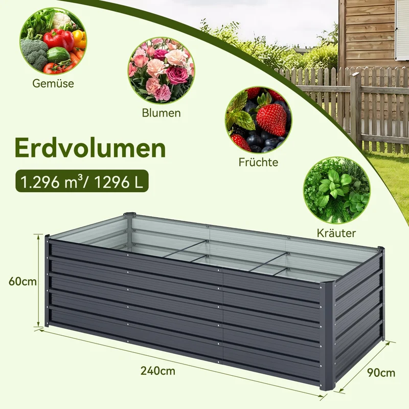 Ohuhu Hochbeet Metall 240 x 90 x 60 cm, verzinkter Stahl, Anthrazit
