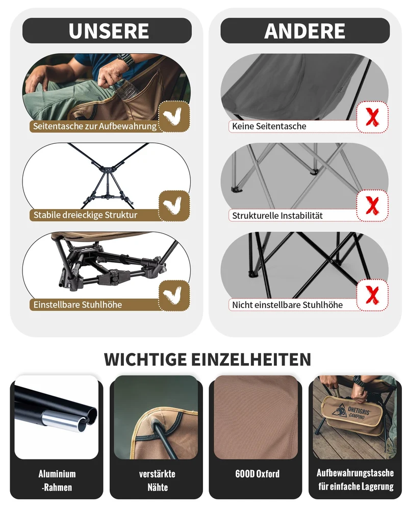 OneTigris TIGERBLADE Campingstuhl faltbar 150 kg, Kojote Braun