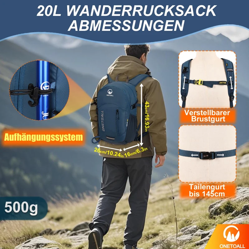 ONETOALL Wanderrucksack 20L diebstahlsicher, leichter Tagesrucksack