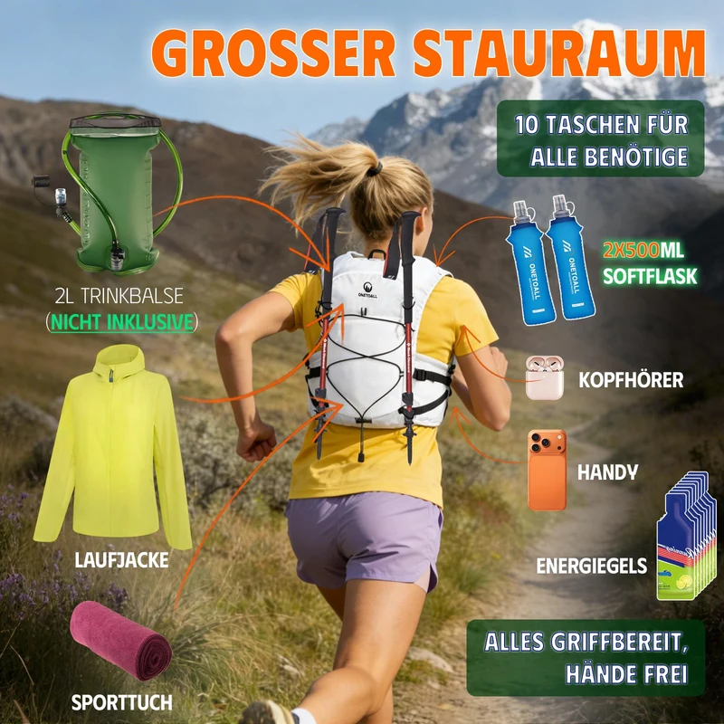 ONETOALL Laufweste mit 2 Trinkflaschen 500 ml, reflektierend, weiss