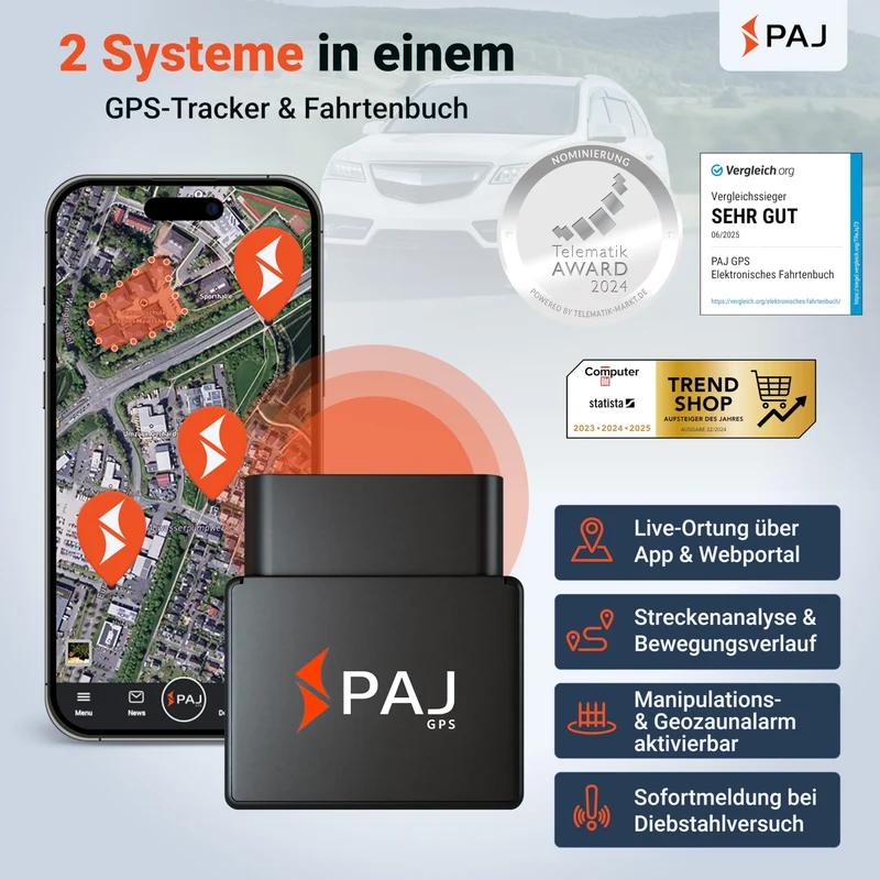 PAJ GPS Elektronisches Fahrtenbuch mit OBD2-Stecker, finanzamtkonform