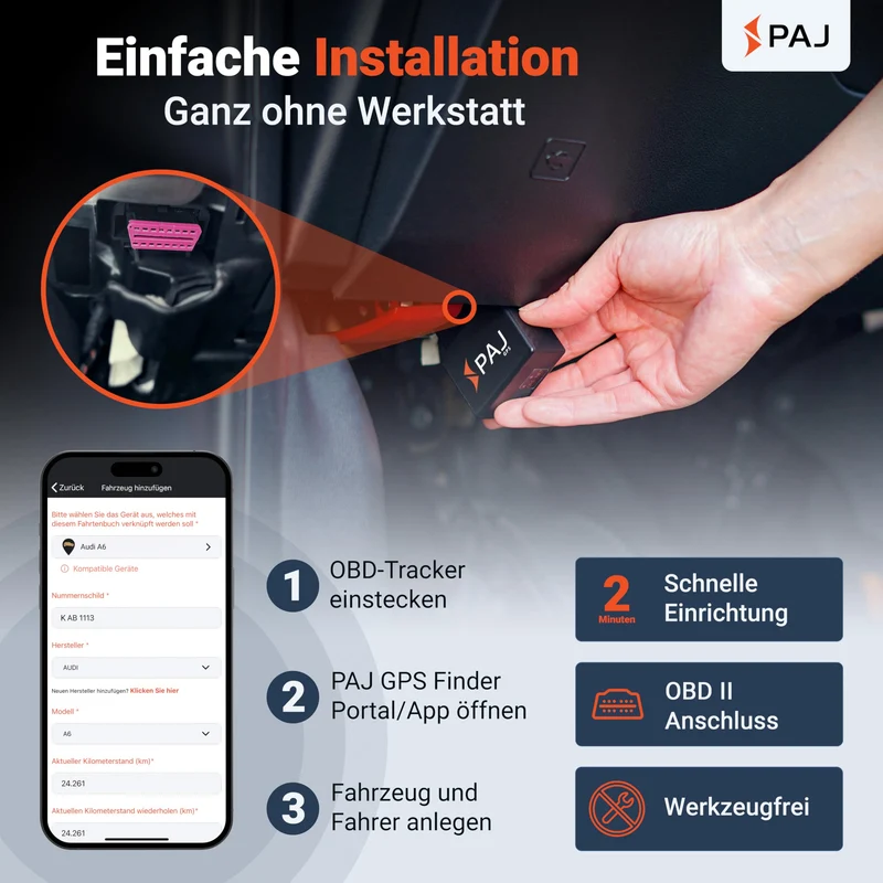 PAJ GPS Elektronisches Fahrtenbuch mit OBD2-Stecker, finanzamtkonform