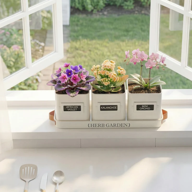 PERFNIQUE Kräutergarten Pflanztopf-Set mit Tablett, Metall, weiss