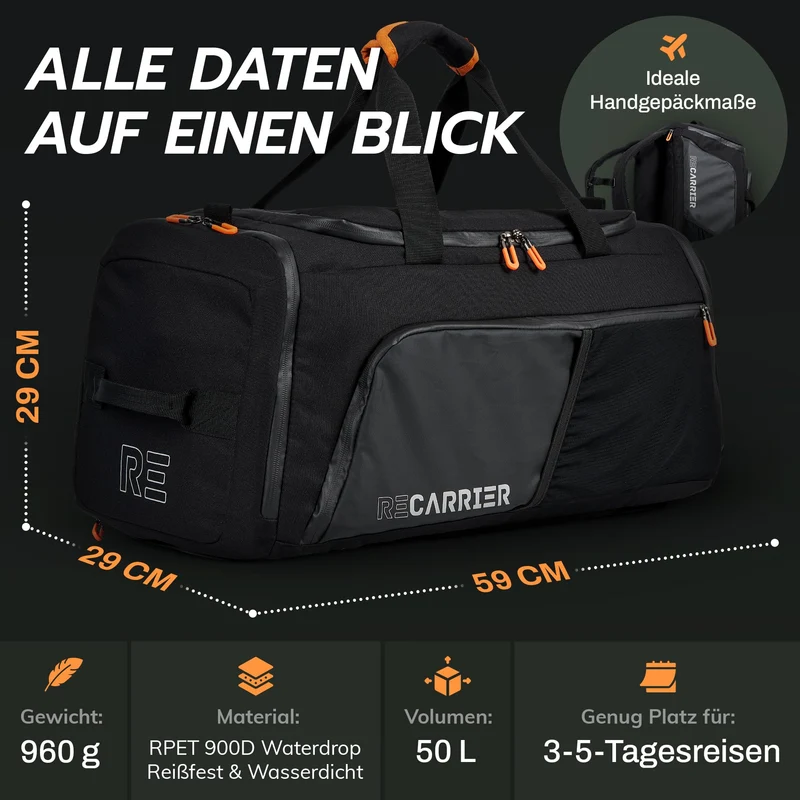 RECARRIER Sporttasche RE01 50L – wasserdicht, mit Schuhfach