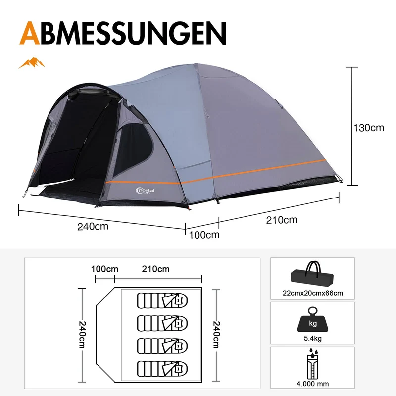 PORTAL Blackout Kuppelzelt für 3-4 Personen mit Vorzelt, 4000 mm