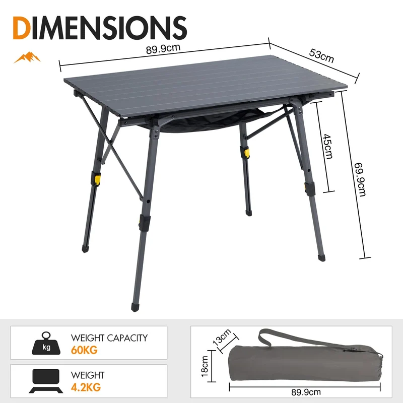 Portal Campingtisch faltbar, höhenverstellbar, Aluminium, 90 x 53 cm