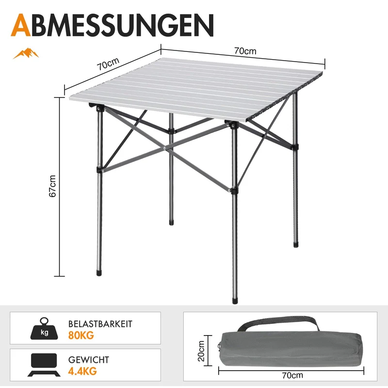 Portal Campingtisch klappbar mit Aluminium-Tischplatte, 70 x 70 cm