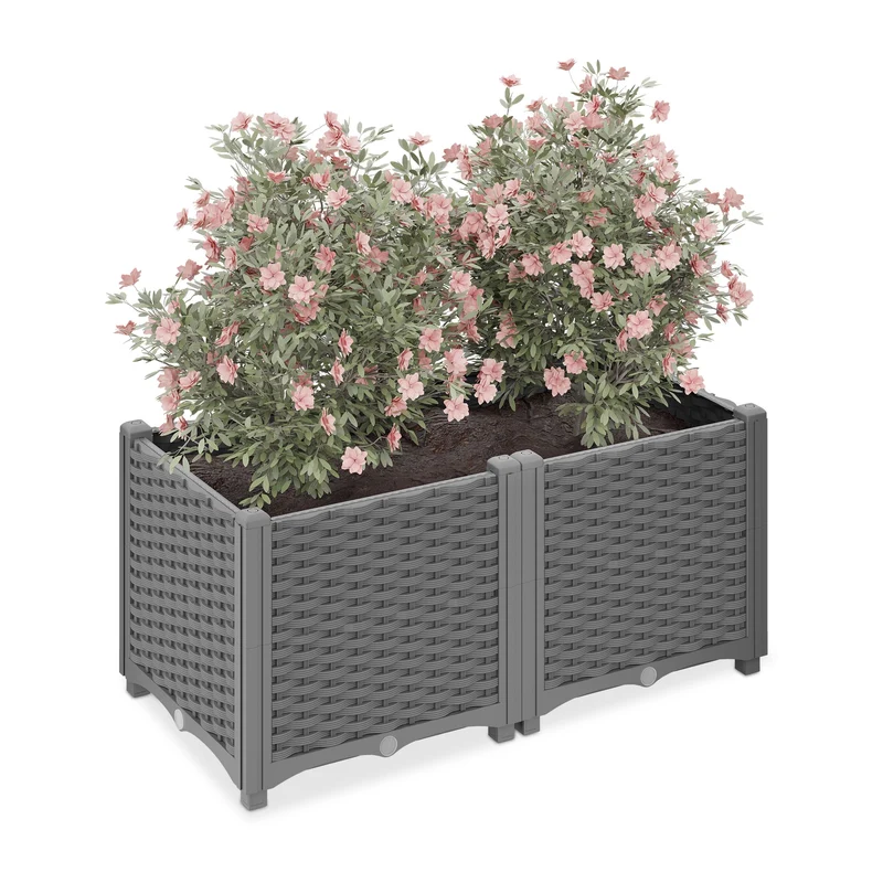 Relaxdays Pflanzkübel Rattan-Optik mit Wasserspeicher, 80 L, grau