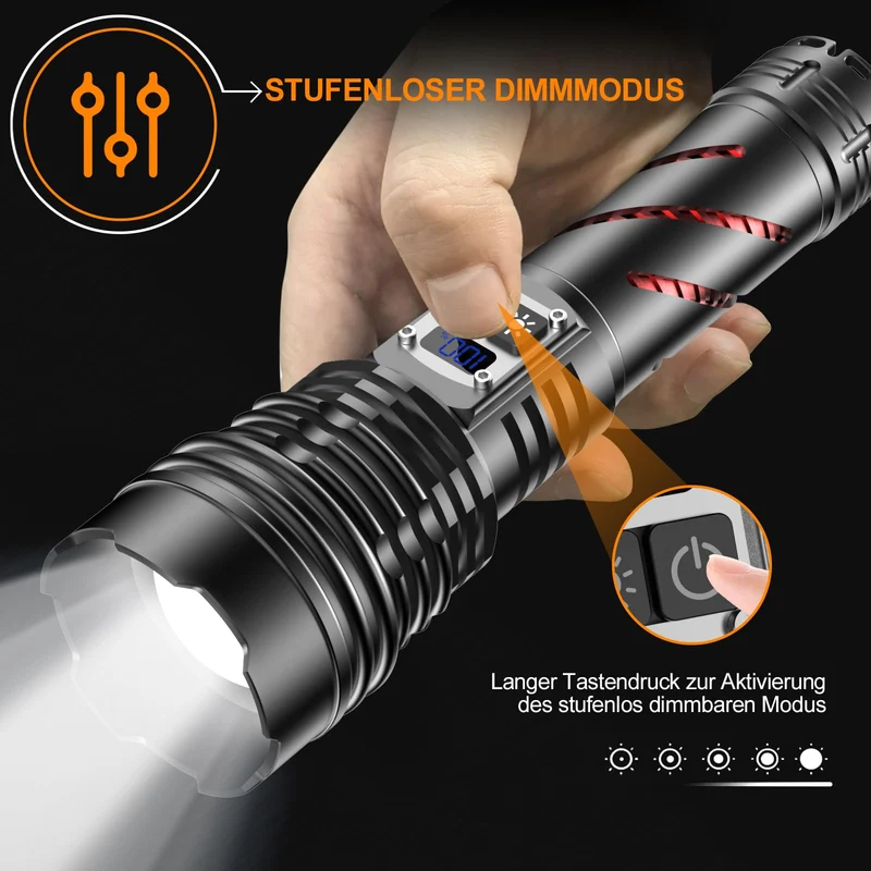 Relybo GT221 LED-Taschenlampe, USB aufladbar, stufenlos dimmbar