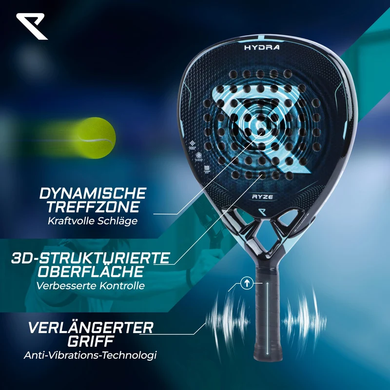 RYZE Hydra Padelschläger, 100 % Carbon, 365 g, mit Schutzhülle