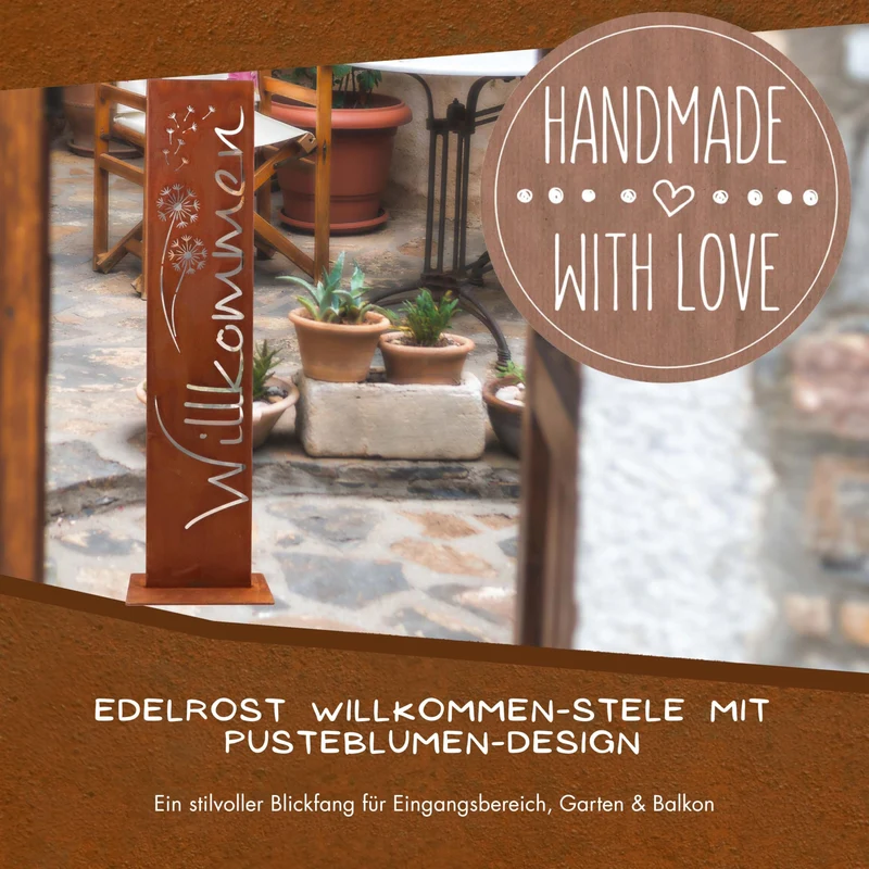 Rostikal Willkommensschild Edelrost mit Pusteblume, Gartendeko 71 cm