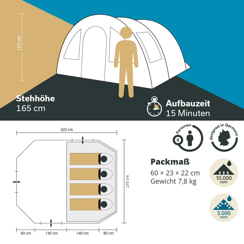 Skandika Kambo Tunnelzelt für 4 Personen, 3000 mm Wassersäule