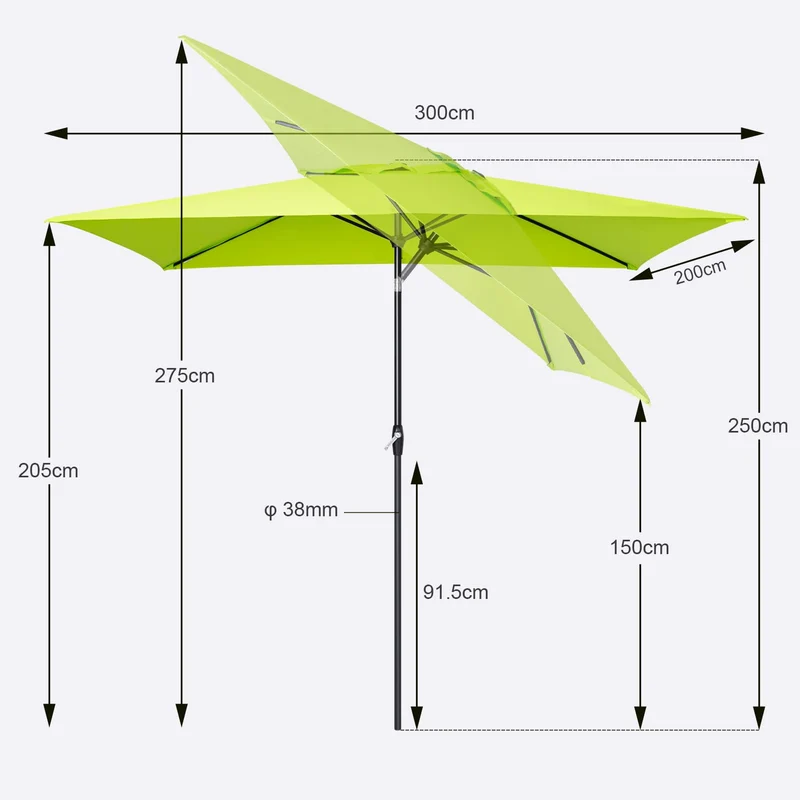 Sekey Sonnenschirm rechteckig 210 x 140 cm mit Kurbel, Apfelgrün