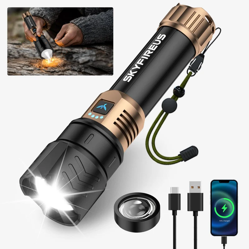 SKYFIRE LED Taschenlampe 5000 Lumen, USB-C aufladbar, zoombar