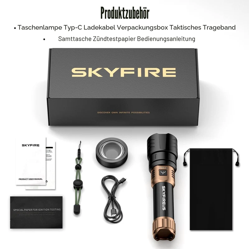 SKYFIRE LED Taschenlampe 5000 Lumen, USB-C aufladbar, zoombar