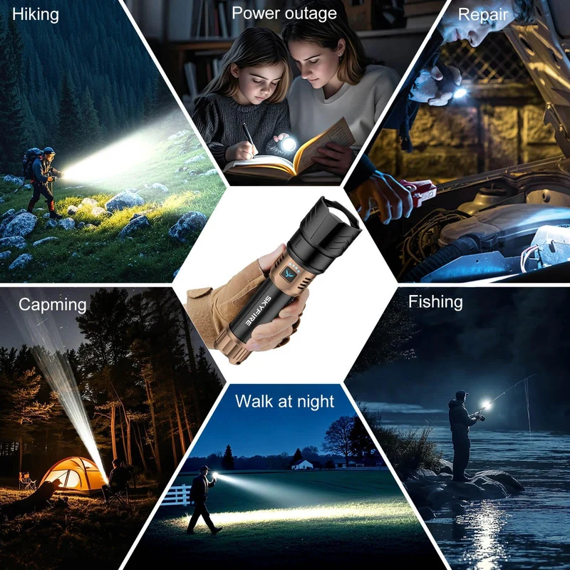 SKYFIRE LED Taschenlampe 5000 Lumen, USB-C aufladbar, zoombar