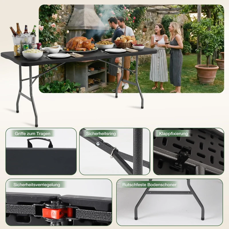Sekey Klapptisch 152 x 70 cm, Buffettisch aus Kunststoff, schwarz