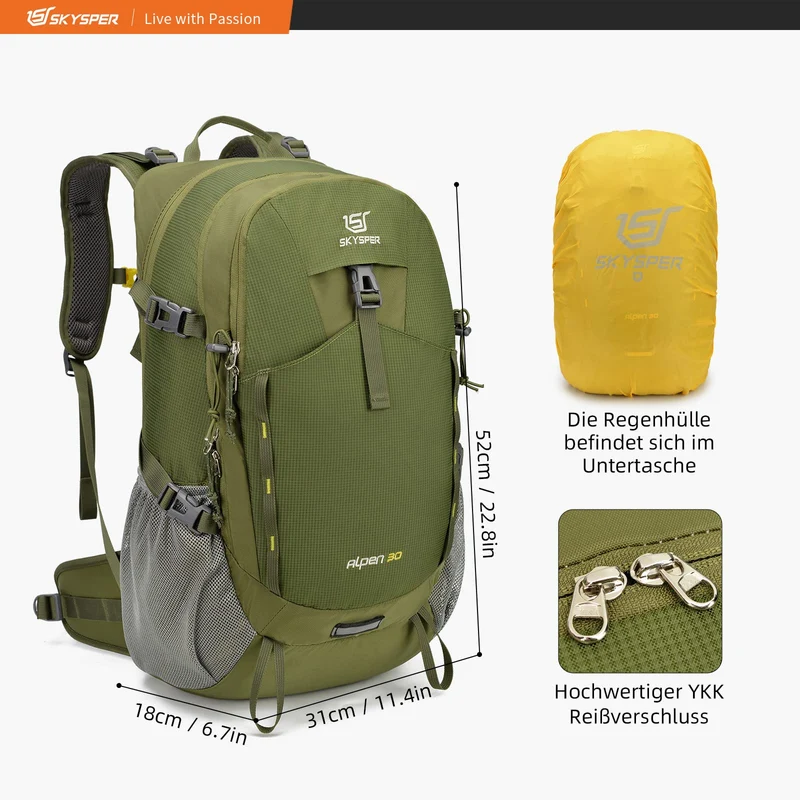 SKYSPER Wanderrucksack 30L, wasserfest, mit Netzrücken und Hüftgurt