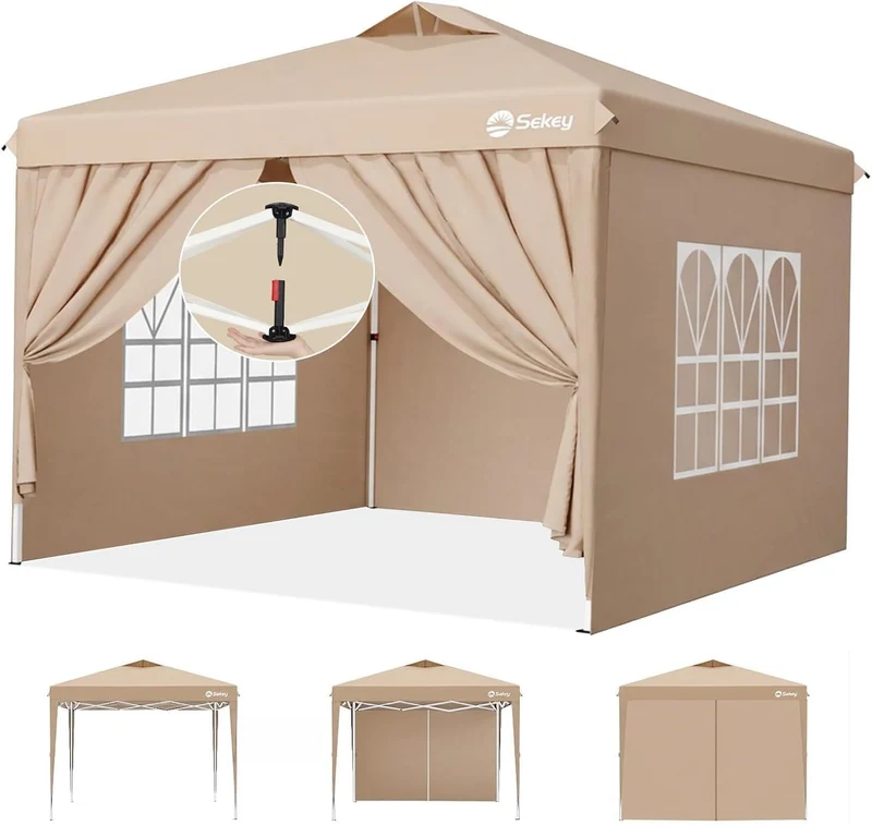 Sekey Pop Up Pavillon 3x3 m, wasserdicht, mit Seitenwänden, beige