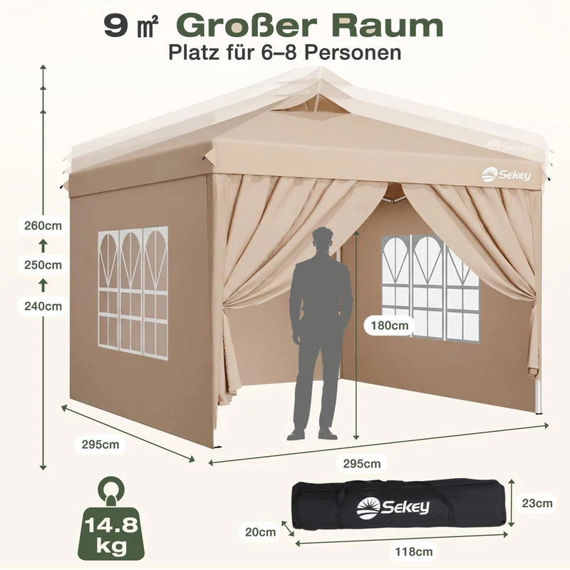 Sekey Pop Up Pavillon 3x3 m, wasserdicht, mit Seitenwänden, beige