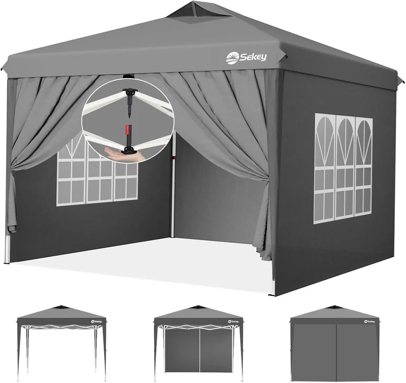 Sekey Pop Up Pavillon 3x3 m, wasserdicht, mit Seitenwänden, grau