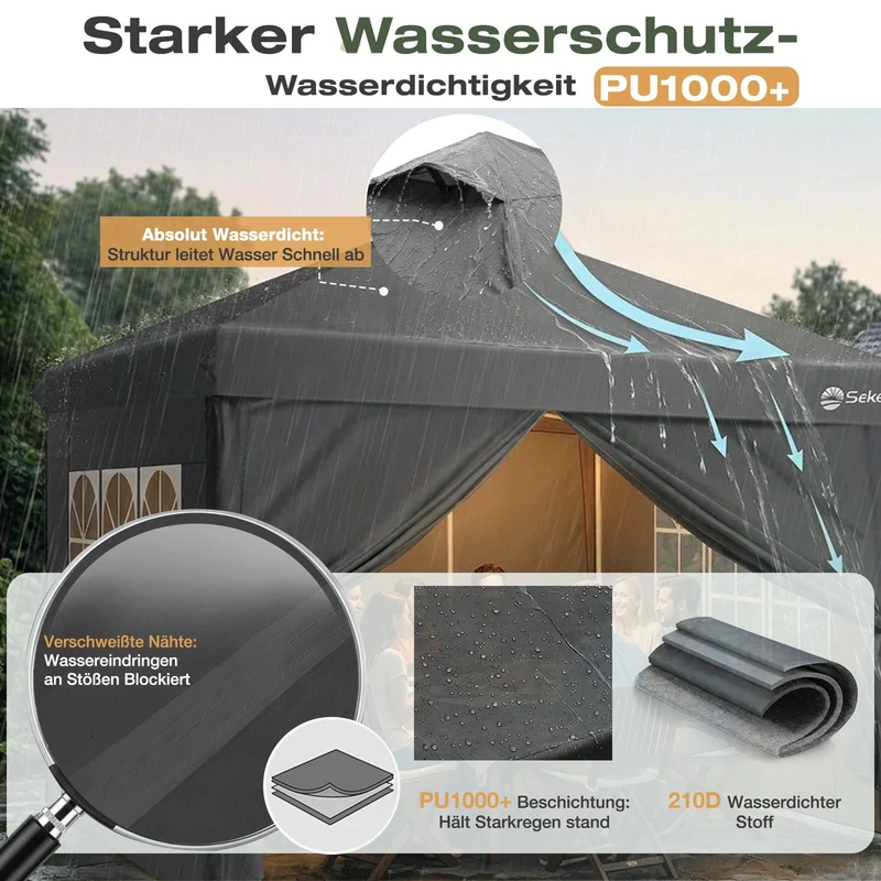 Sekey Pop Up Pavillon 3x3 m, wasserdicht, mit Seitenwänden, grau