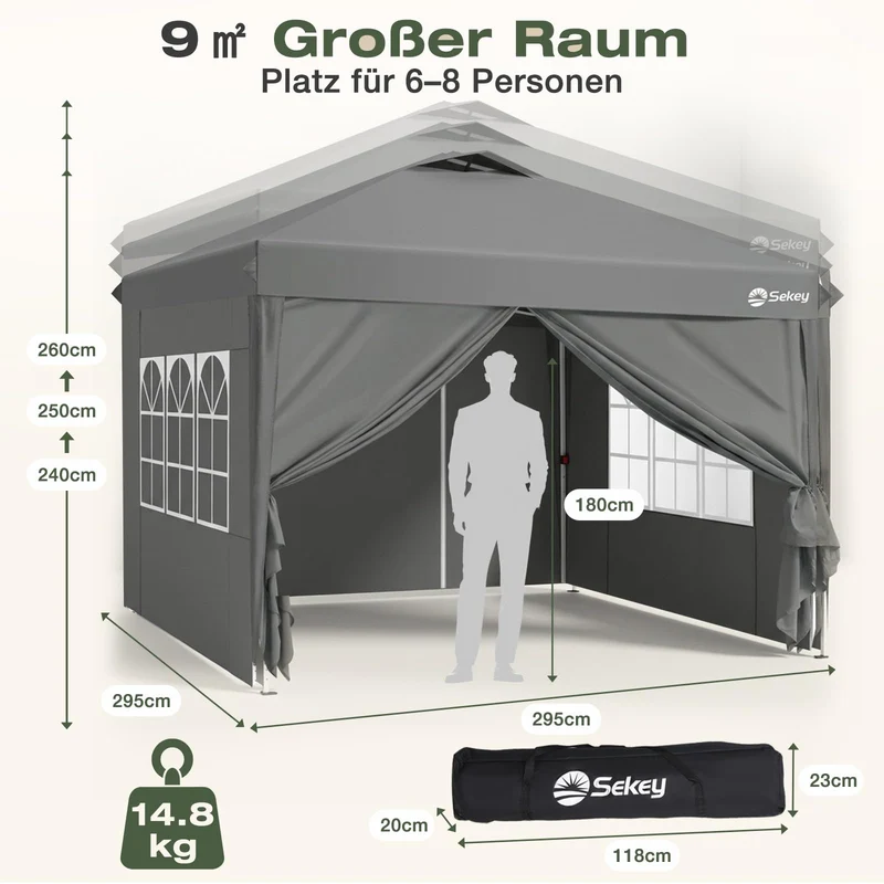 Sekey Pop Up Pavillon 3x3 m, wasserdicht, mit Seitenwänden, grau