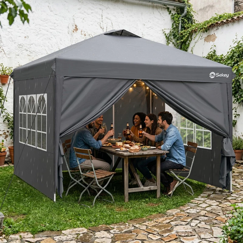 Sekey Pop Up Pavillon 3x3 m, wasserdicht, mit Seitenwänden, grau