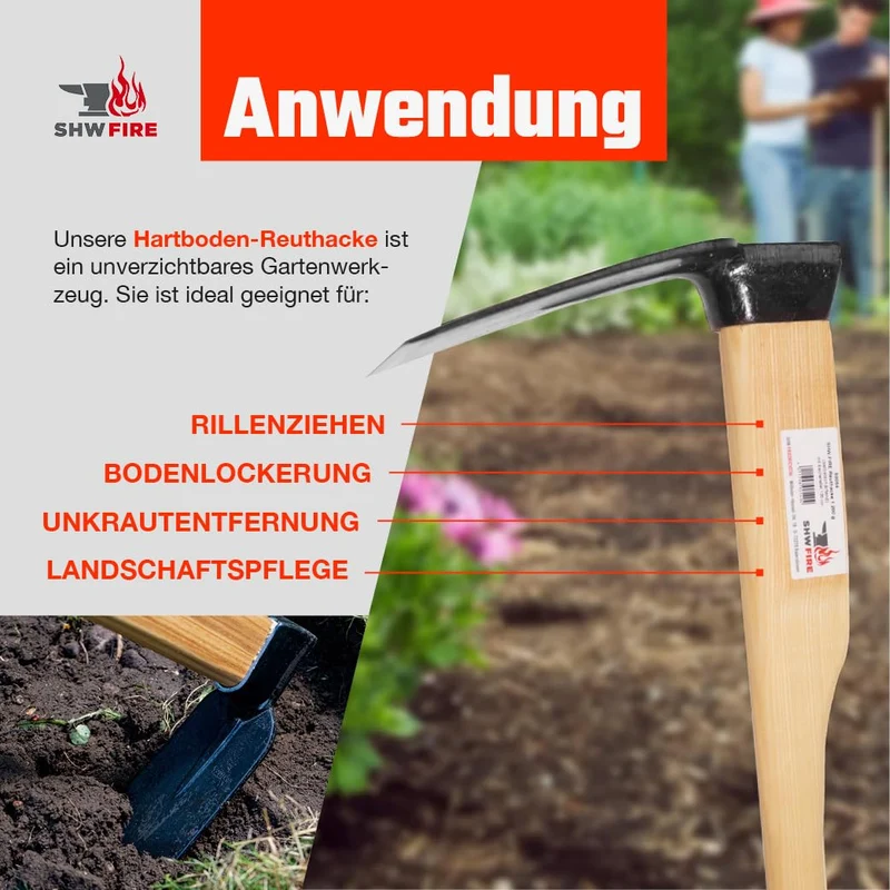 SHW-FIRE Hartboden-Reuthacke, Spezialstahl, 135 cm Eschenholzstiel