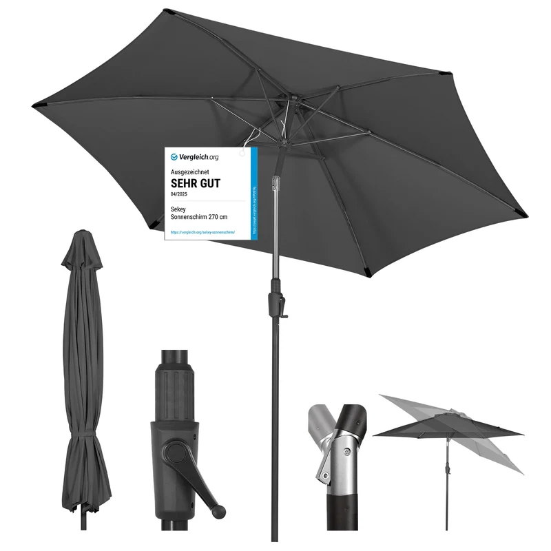 Sekey Sonnenschirm 270 cm mit Kurbel und Kippfunktion, Grau