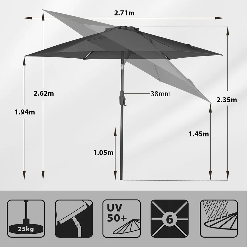Sekey Sonnenschirm 270 cm mit Kurbel und Kippfunktion, Grau