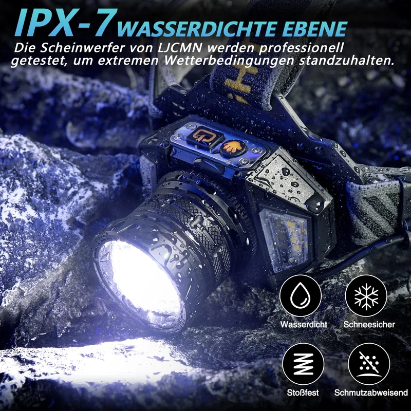SIDARK LED Stirnlampe, wiederaufladbar, 120000 Lux, IPX7, 12 Modi